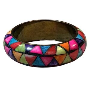 Multicolor Geometric Wide Cuff Bangle Bracelet, Enamel, Brass Metal, Triangles